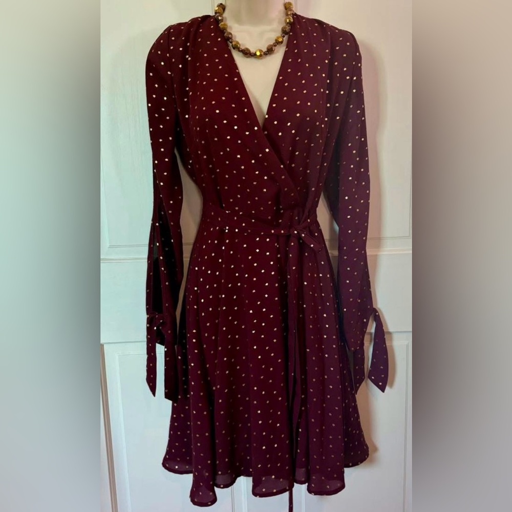 Laundry By Shelli Segal Burgundy Wrap Dress with Gold Dots Sz 8 NEW w/TAGS